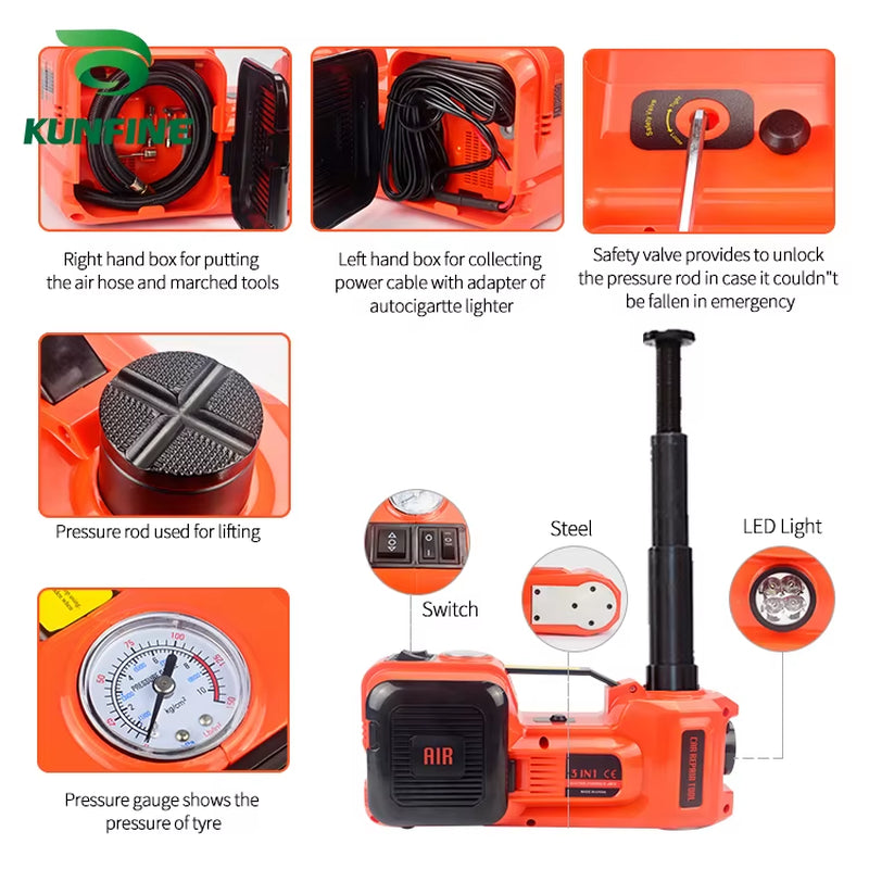 12V 5Ton Car Electric Tire Lifting Car Jacks Hydraulic Air Infatable Car Floor Jack with Impact Wrench and Tire Gauge Air Pump